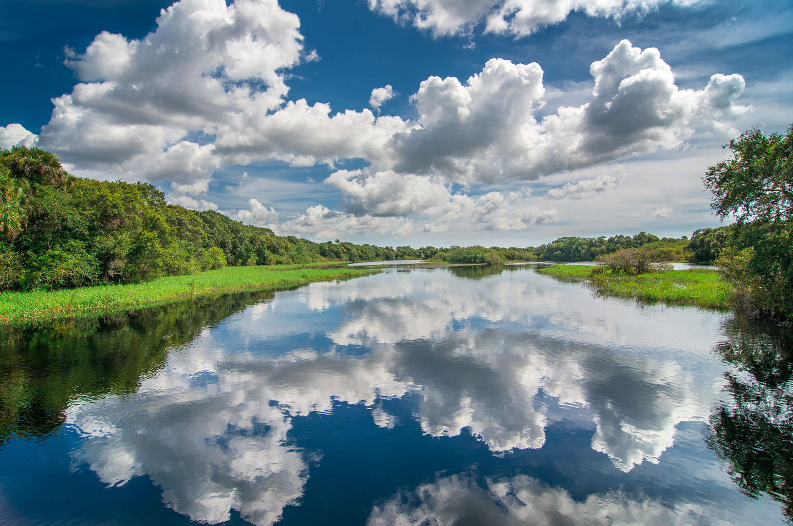 Scene of clouds reflecting in water at Myakka River State Park 